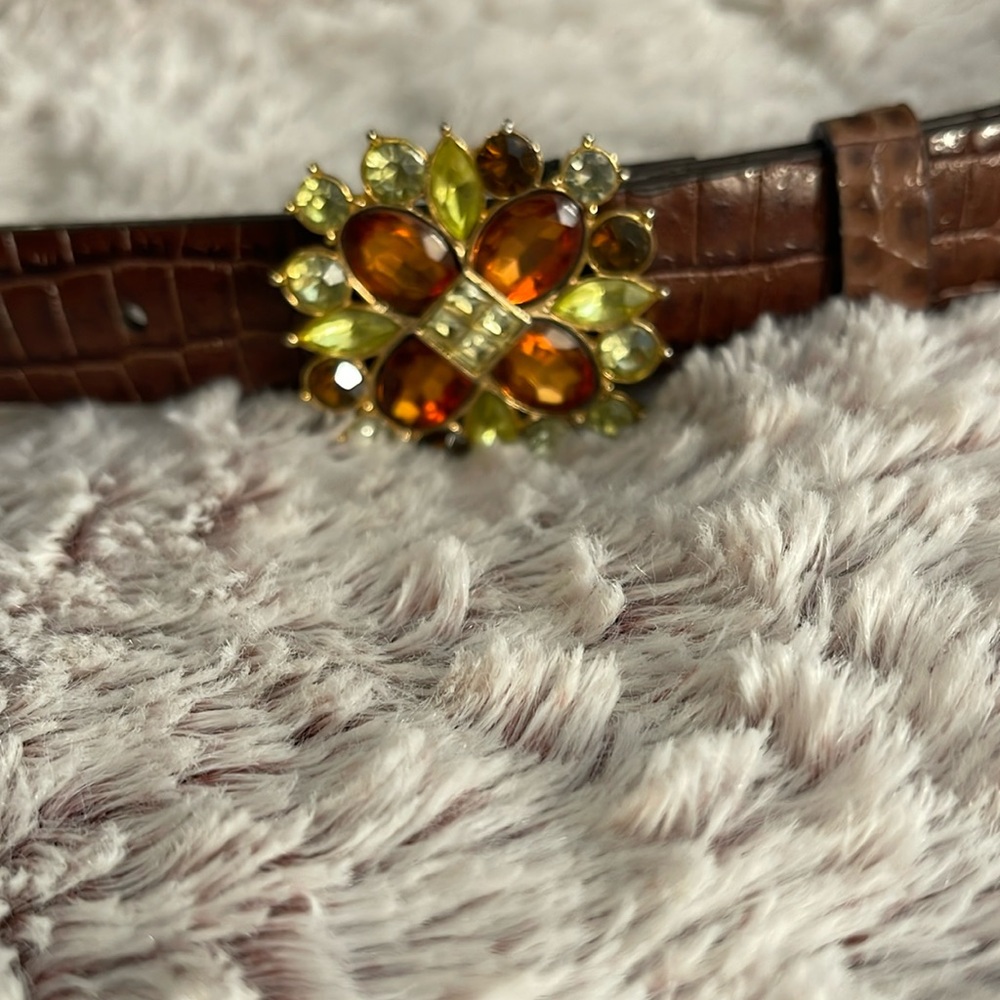 Liz Claiborne Y2K belt brown moc croc with colorful rhinestone buckle women Sz L